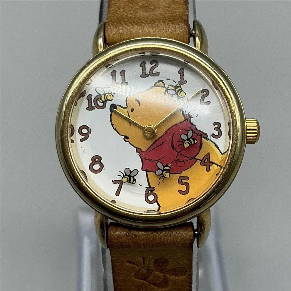 Vintage Timex Pooh Girls Watch 26mm Gold Tone Brown Leather New Battery